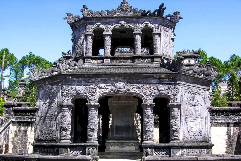 The Mausoleum of Emperor Khai Dinh incorporates Chinese, Vietnamese, French, Roman, Gothic, Hindu, and Buddhist elements in harmonious unity